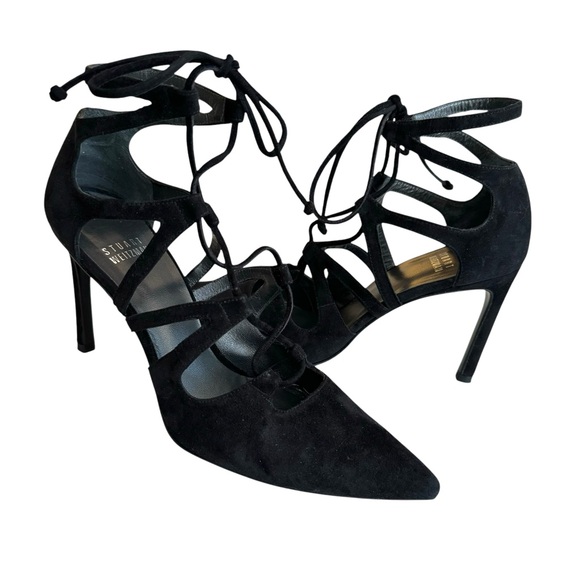 Stuart Weitzman Excite Black Suede Pumps Pointed Toe Stiletto Heel Womens - Picture 1 of 17